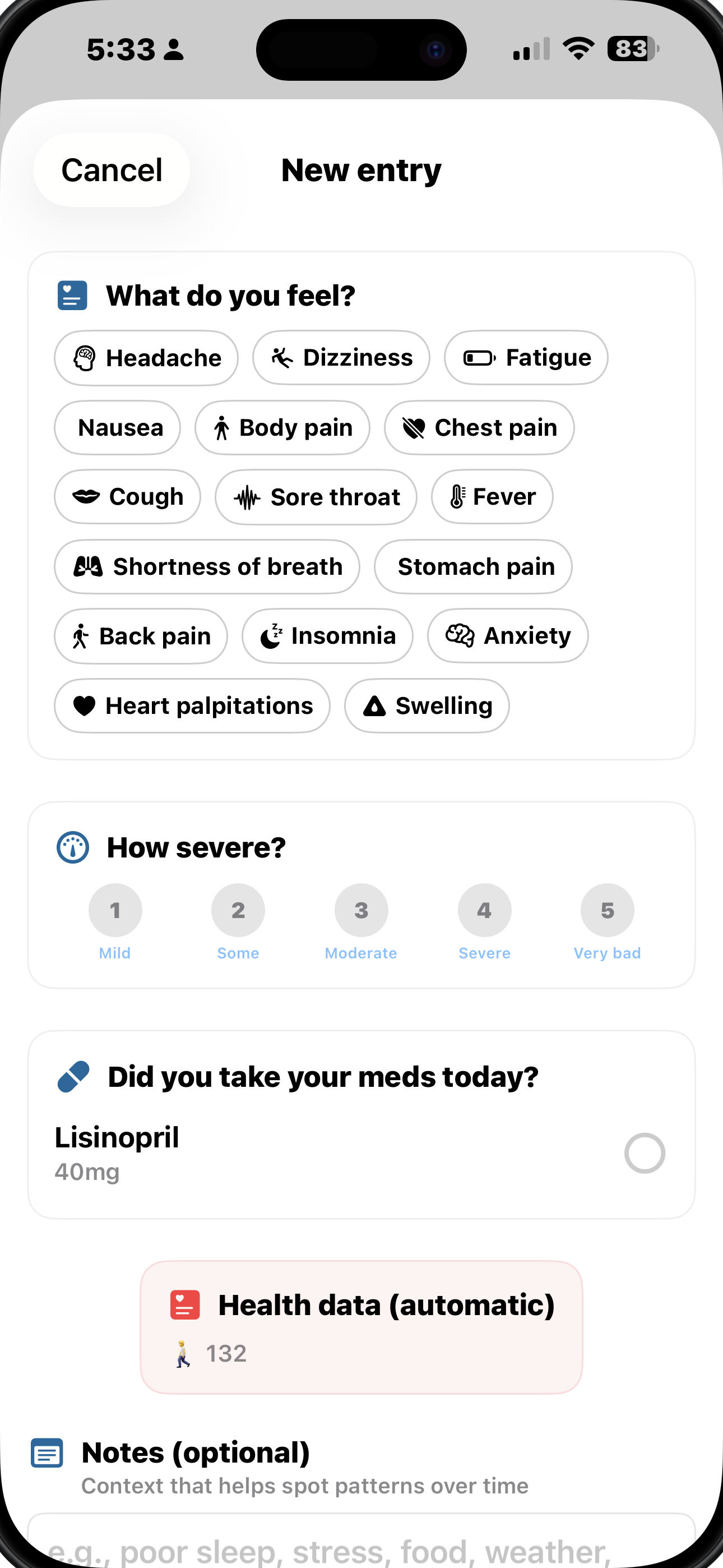 MiSana new symptom entry screen