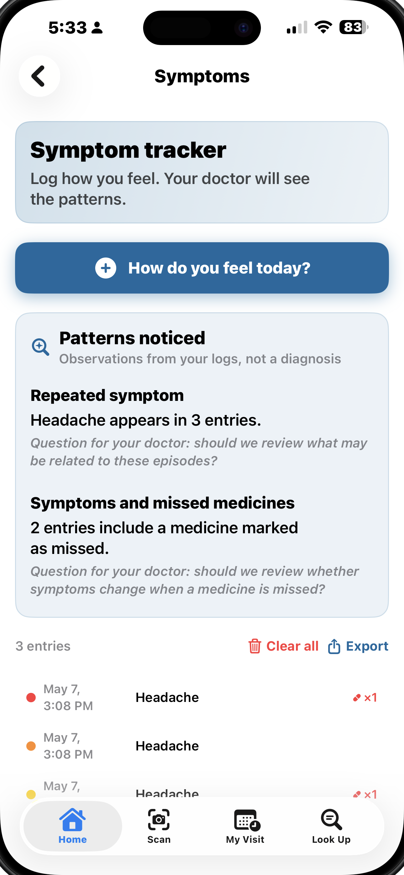MiSana symptom tracker showing patterns noticed